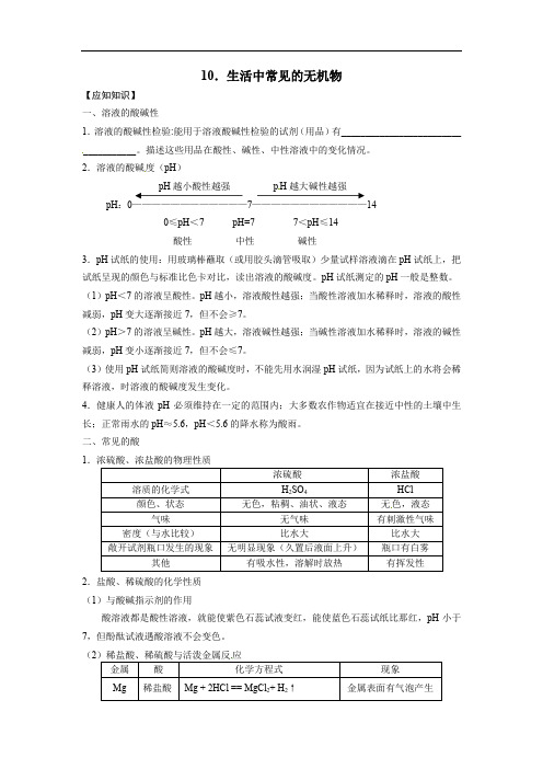 2022年中考化学复习应知应会：十、生活中常见的无机物