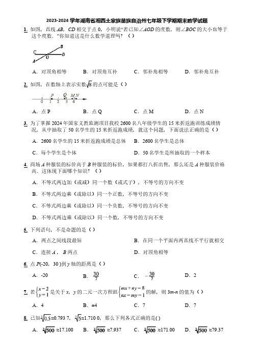 2023-2024学年湖南省湘西土家族苗族自治州七年级下学期期末数学试题