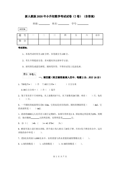 新人教版2020年小升初数学考试试卷(I卷) (含答案)