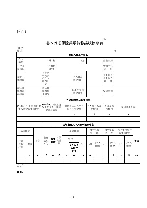 基本养老保险关系转移接续信息表(人社险中心函(2011)58号附件1)