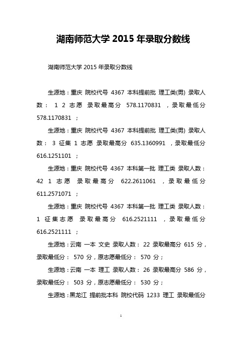 湖南师范大学2015年录取分数线