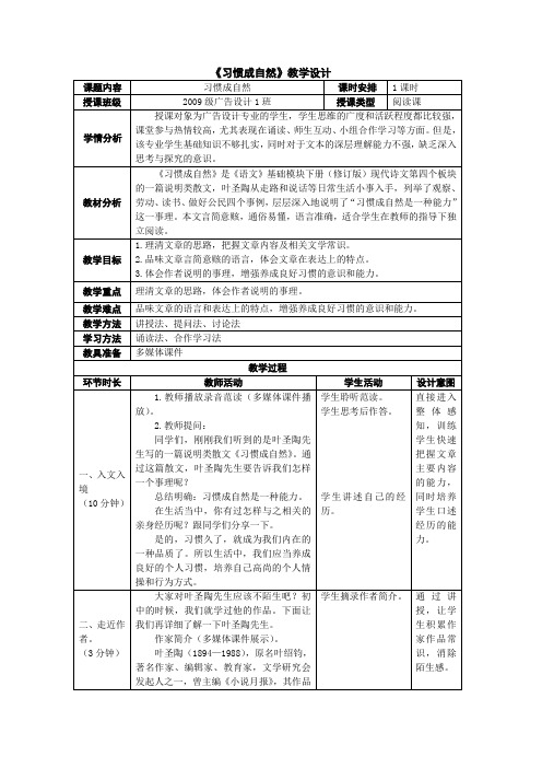 中职教材语文(基础模块)(修订版)下册教学设计-习惯成自然