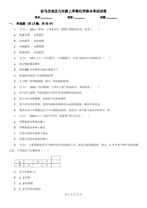 驻马店地区九年级上学期化学期末考试试卷