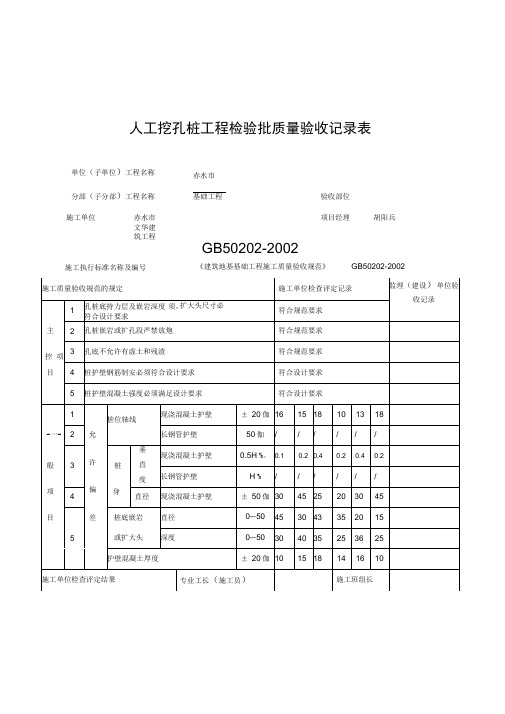 人工挖孔桩工程检验批质量验收记录表