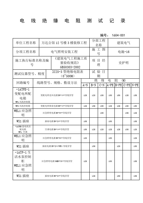 电线绝缘电阻测试记录