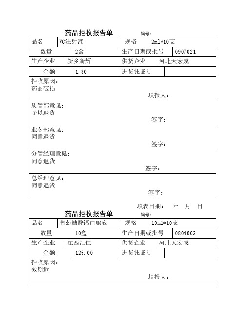 药品拒收报告单