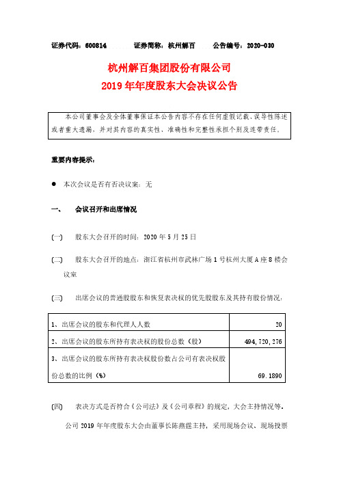 杭州解百:2019年年度股东大会决议公告
