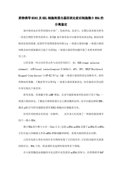 药物诱导K562及HEL细胞珠蛋白基因表达前后细胞微小RNA的分离鉴定