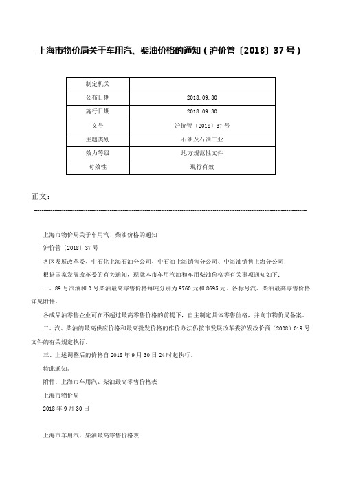 上海市物价局关于车用汽、柴油价格的通知（沪价管〔2018〕37号）-沪价管〔2018〕37号