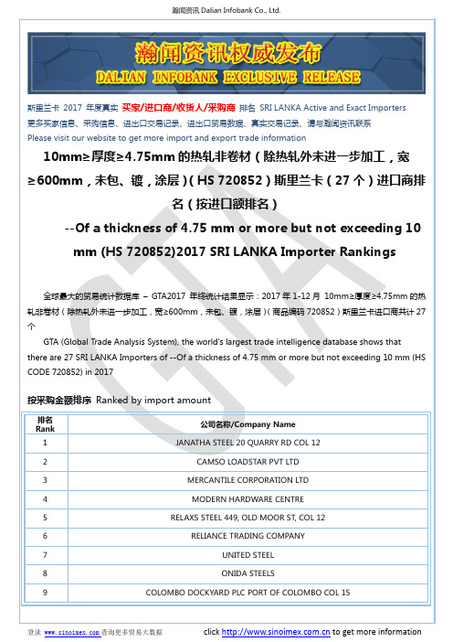 10mm≥厚度≥4.75mm的热轧非卷材(除热轧…(HS 720852)2017 斯里兰卡(