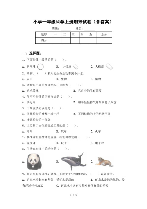 小学一年级科学上册期末试卷(含答案)