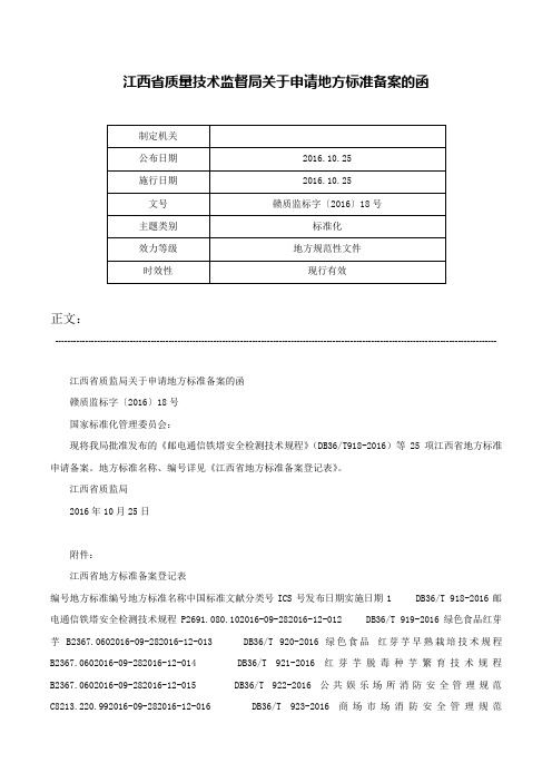 江西省质量技术监督局关于申请地方标准备案的函-赣质监标字〔2016〕18号