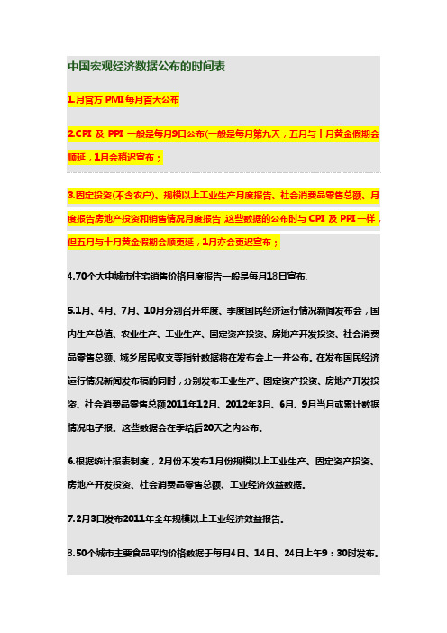 中国、美国宏观经济数据公布的时间表