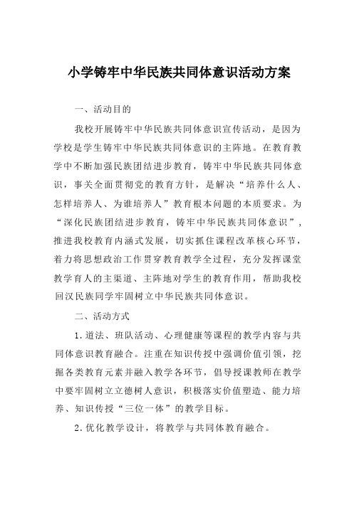 小学铸牢中华民族共同体意识活动方案