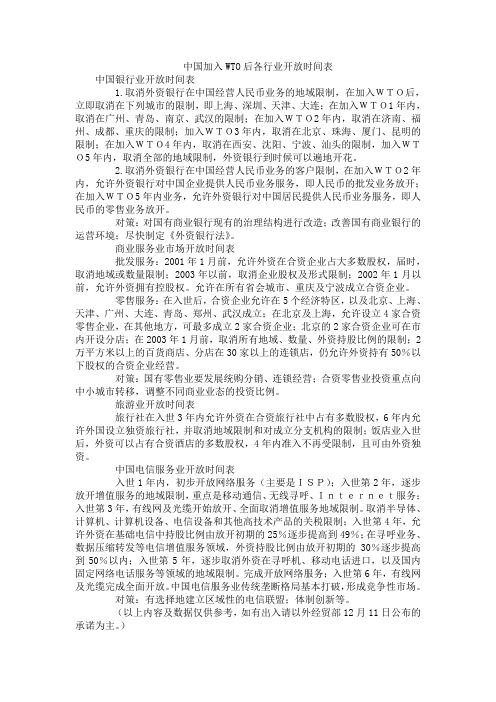 中国加入WTO后各行业开放时间表