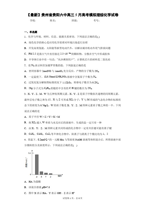 2021届贵州省贵阳六中高三5月高考模拟理综化学试卷