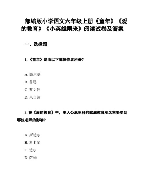 部编版小学语文六年级上册《童年》《爱的教育》《小英雄雨来》阅读试卷及答案