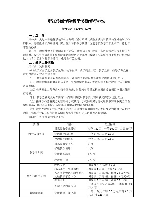 浙江传媒学院教学奖励暂行办法