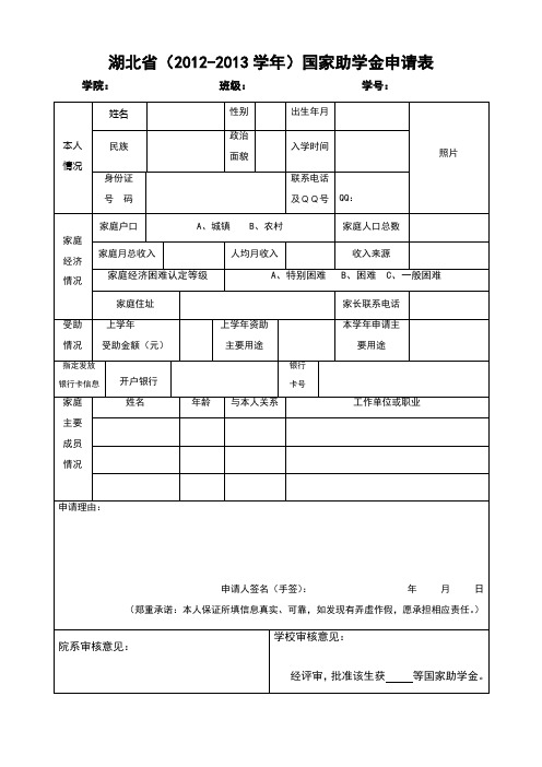 国家助学金申请表