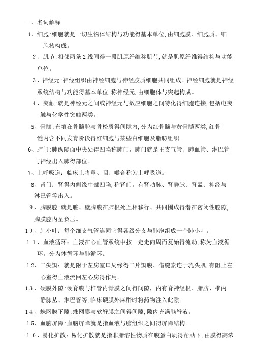 人体解剖生理学期末复习题参考答案