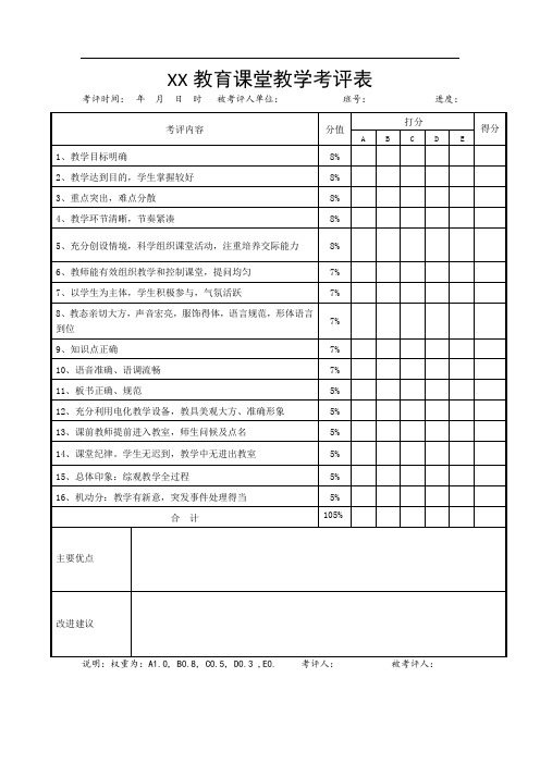 XX教育课堂教学考评表(定级参考--教学技能部分)