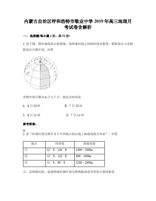 内蒙古自治区呼和浩特市敬业中学2019年高三地理月考试卷含解析