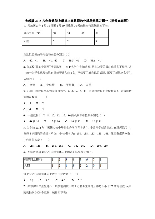 鲁教版2018八年级数学上册第三章数据的分析单元练习题一(附答案详解)