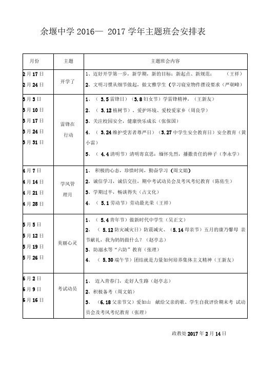 余堰中学2017学年度下期主题班会安排表