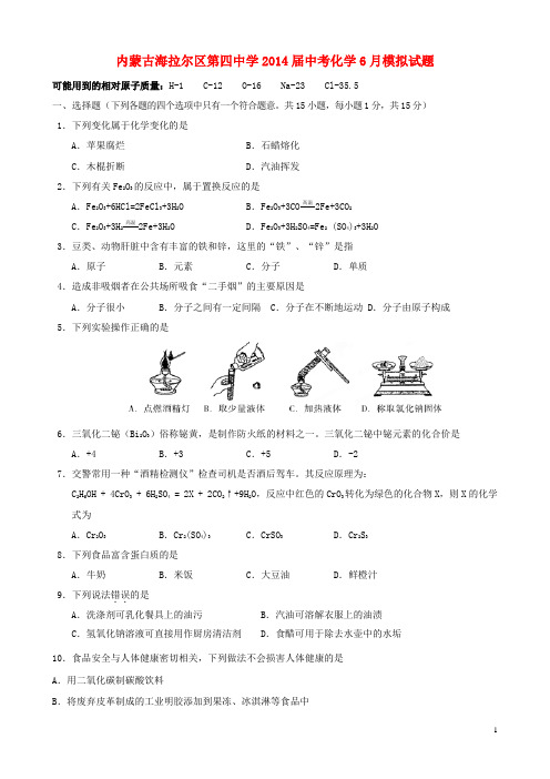 内蒙古海拉尔区第四中学中考化学6月模拟试题