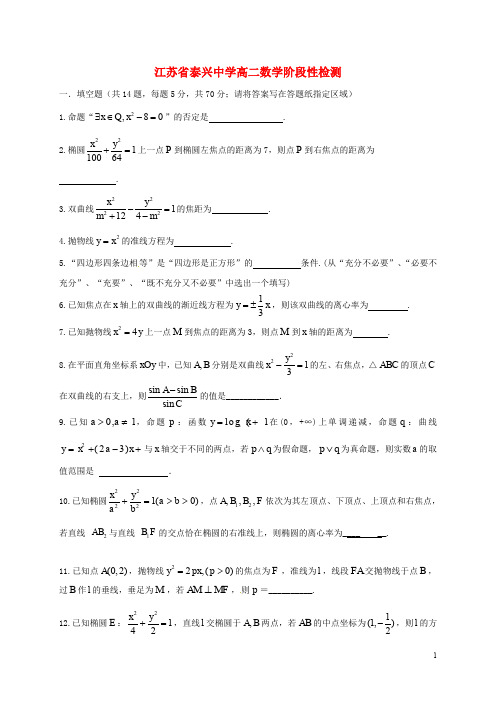 江苏省泰兴中学高二数学10月阶段检测试题