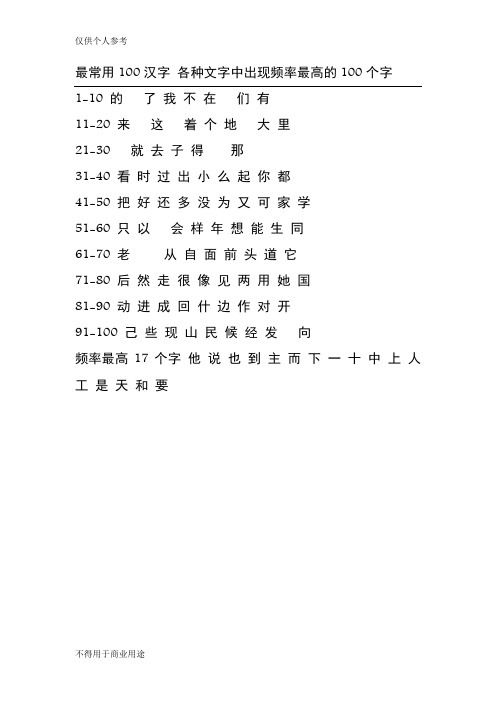 最常用汉字100个 频率最高的17个字