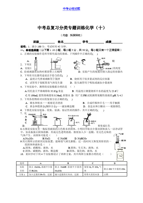 初三中考化学专题10 《科学探究》精选试题及答案