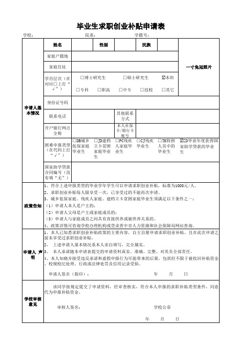 毕业生求职创业补贴申请表