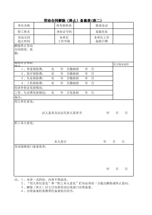 劳动合同解除(终止)备案表(表二)