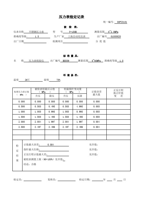 压力表检定记录