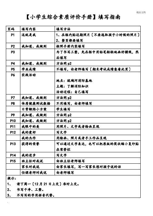 小学生综合素质评价手册模板