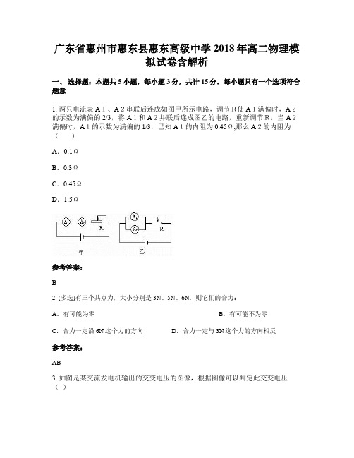 广东省惠州市惠东县惠东高级中学2018年高二物理模拟试卷含解析