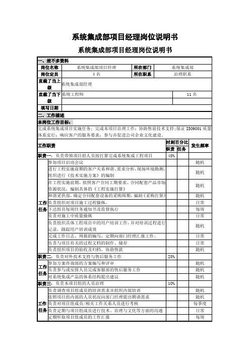 系统集成部项目经理岗位说明书