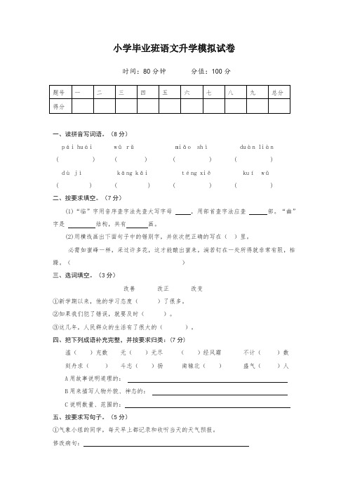 2020人教部编版小升初语文模拟测试卷含答案