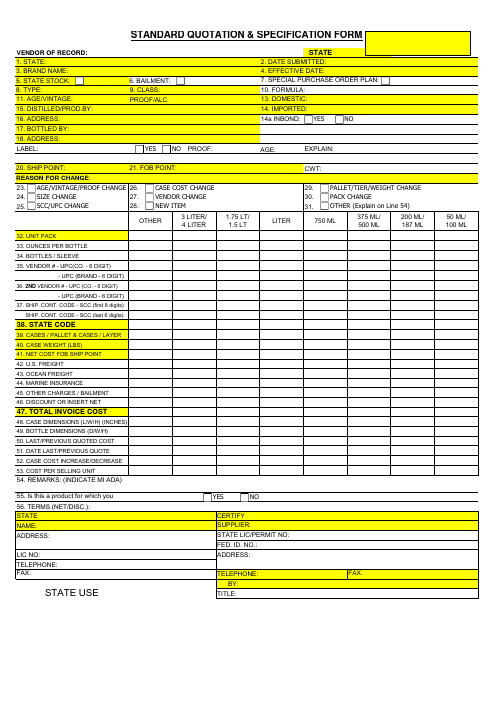 STANDARD QUOTATION & SPECIFICATION FORM报价单