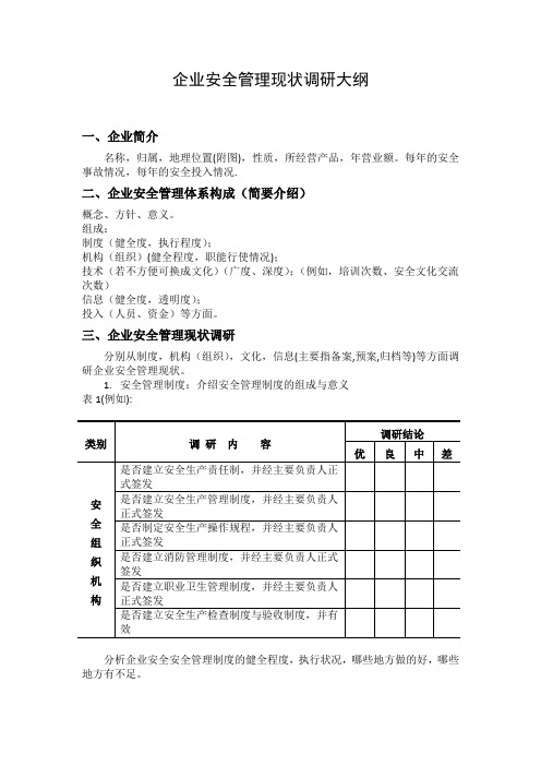 企业安全管理现状调研报告大纲