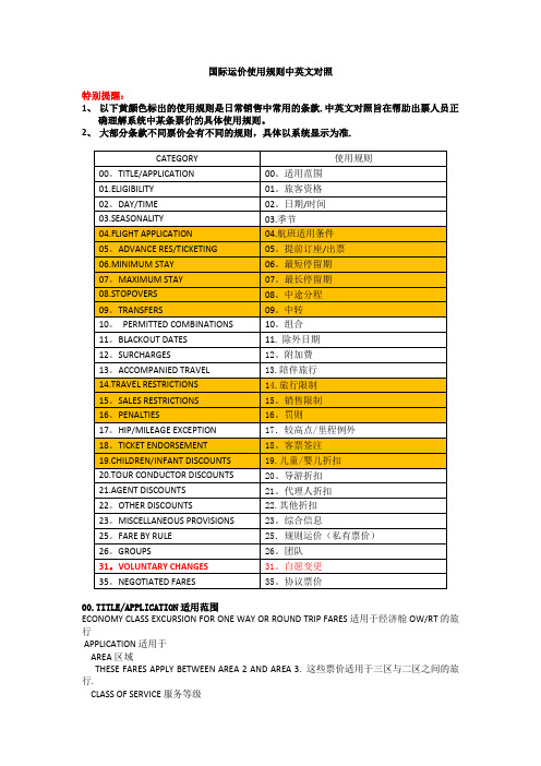 国际运价使用规则中英文对照