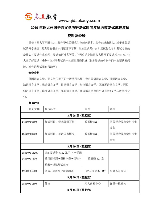 2019年地大外国语言文学考研复试时间复试内容复试流程复试资料及经验