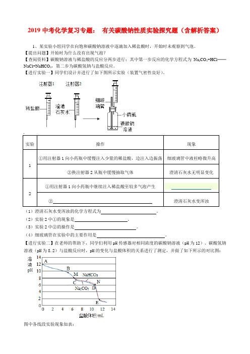 2019中考化学复习专题： 有关碳酸钠性质实验探究题(含解析答案)