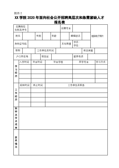 XX学院2020年面向社会公开招聘高层次和急需紧缺人才报名表【模板】