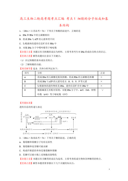 高三生物二轮高考题考点汇编 考点1 细胞的分子组成和基本结构