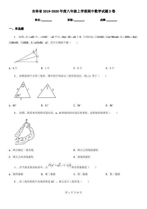 吉林省2019-2020年度八年级上学期期中数学试题D卷