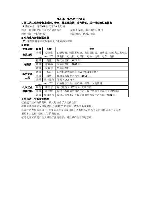 九年级上历史第5课 第二次工业革命 复习提纲