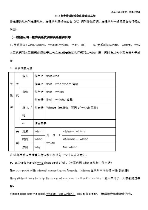 2012高考英语语法金点拨：定语从句