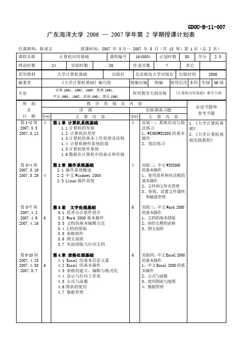 广东海洋大学2006—2007学年第2学期授课计划表